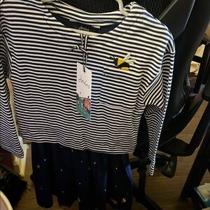 Joules Navy and White Striped Dress with Embroidery